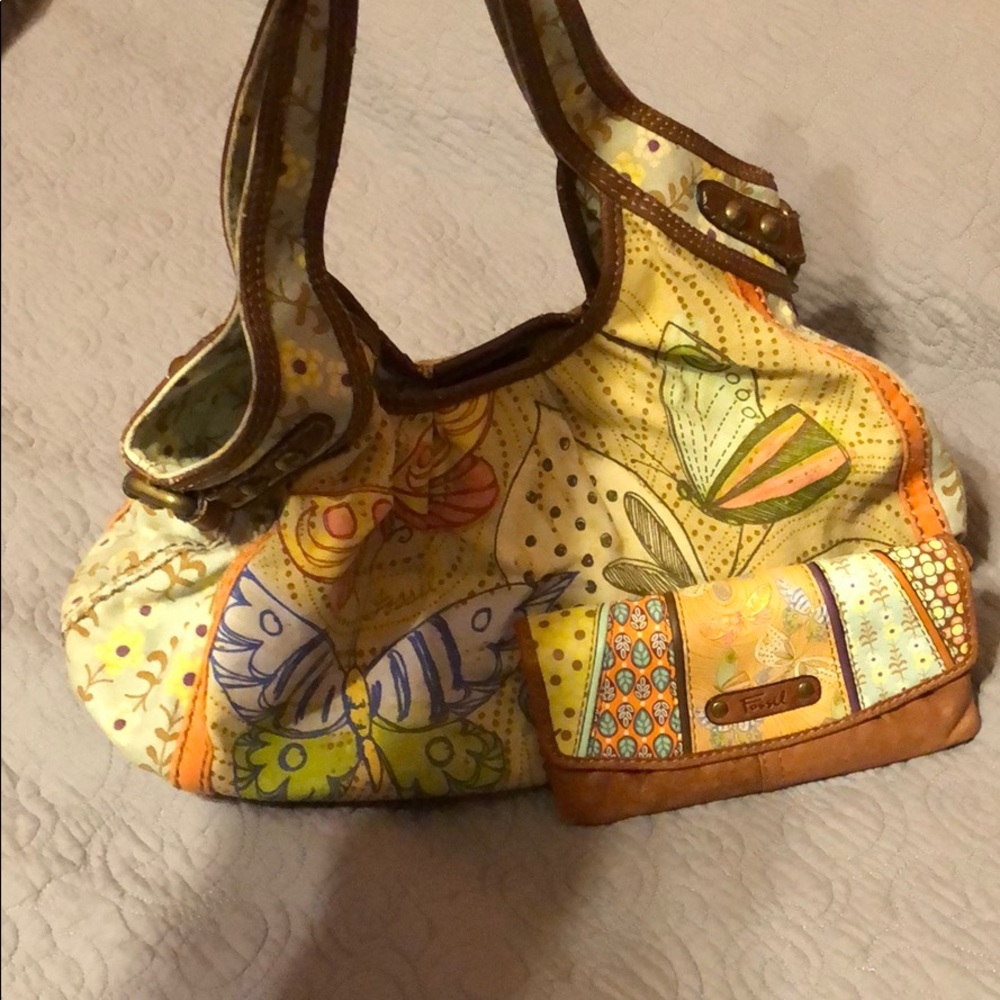 Fossil canvas butterfly hobo bag & wallet